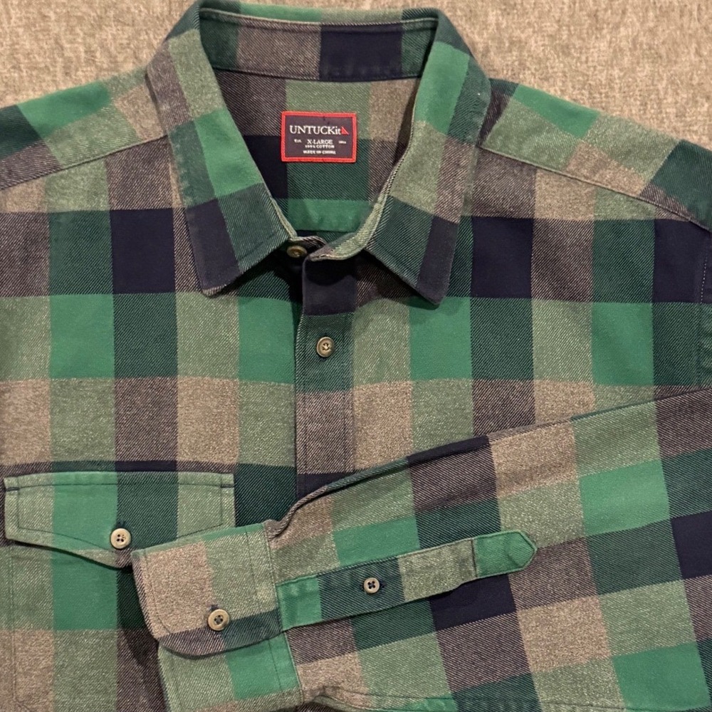 UNTUCKit Mens XL Green Navy Blue Plaid Flannel Button Down Shirt Long Sleeve
